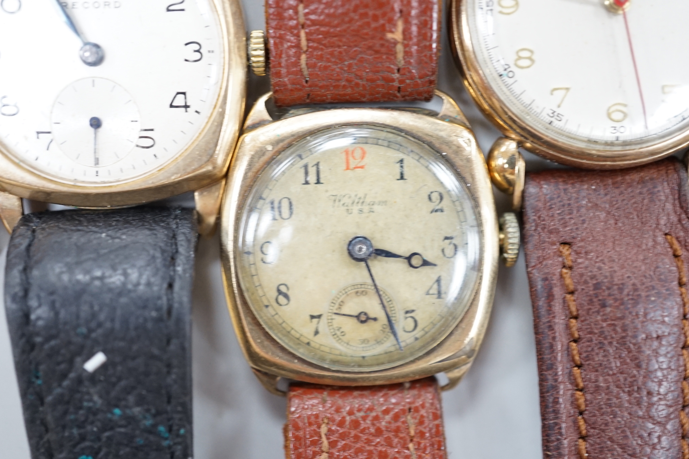 Five assorted 9ct gold lady's or gentleman's manual wind wrist watches, including Waltham, Record & Derrick and three other wrist watches.